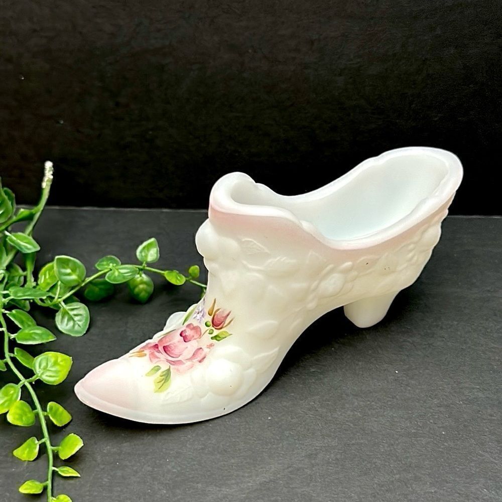 Fenton White Satin Milk Glass Hand Painted Slipper Shoe Roses Signed by Artist